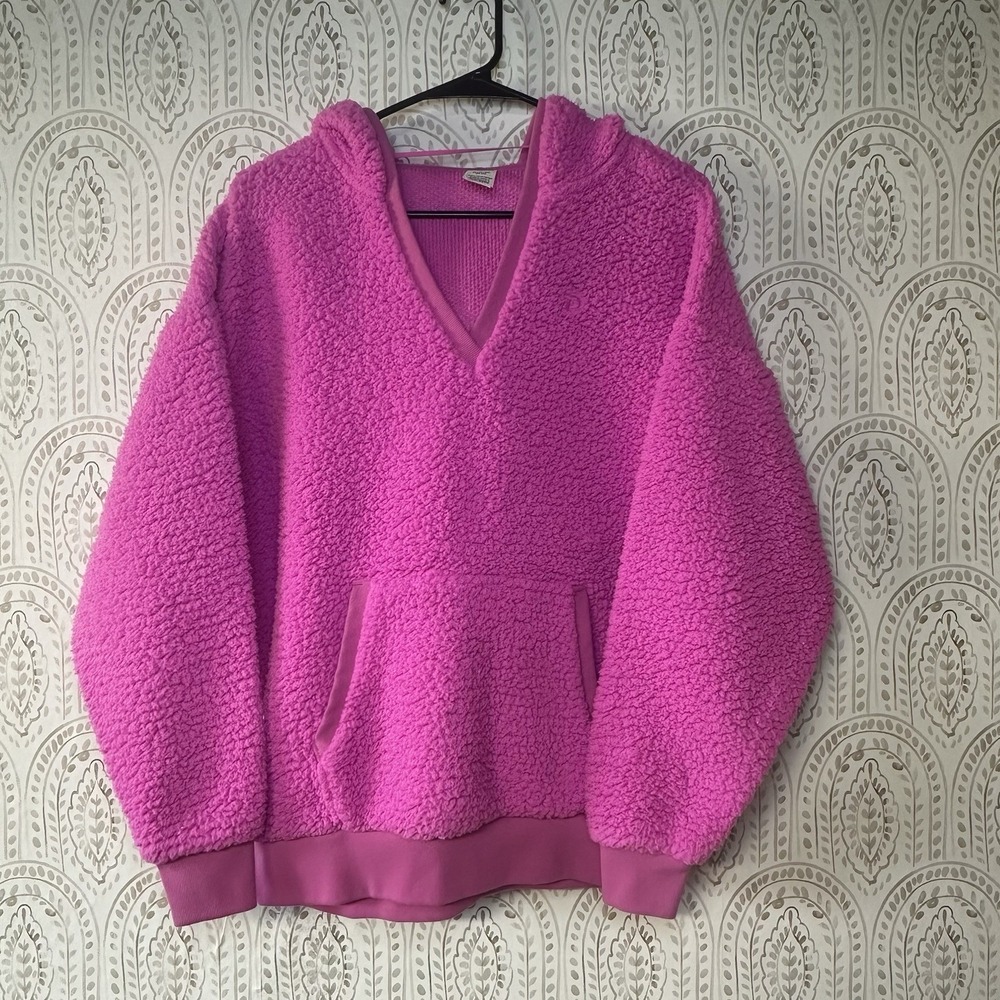 Pink Victoria Secret Size‎ XS Hot Pink Sherpa Pull Over Hood V Neck Long Sleeve